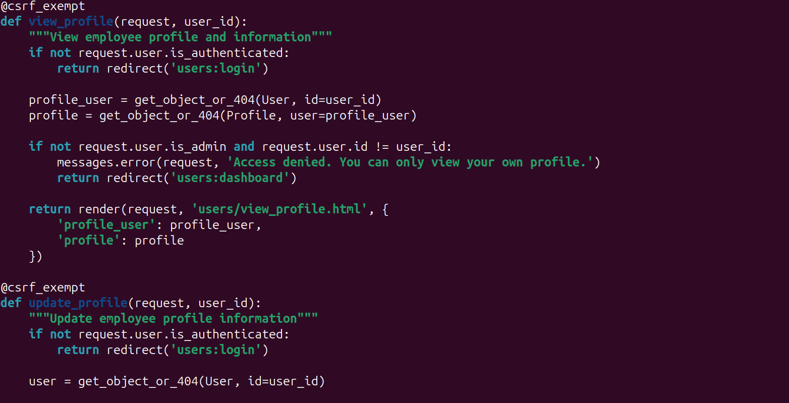Image of the fixed code which now checks if the user is an admin and the request is sent from the correct user