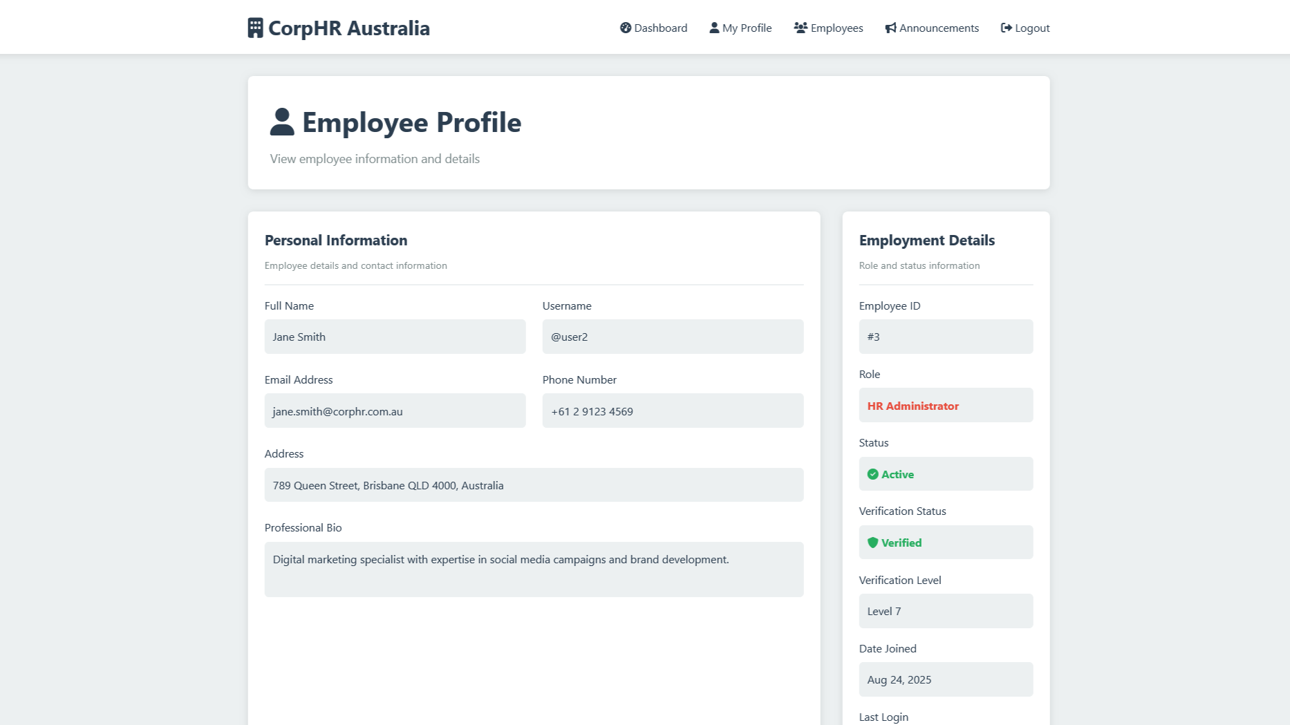 Image of a demo website employee profile page with administrator role