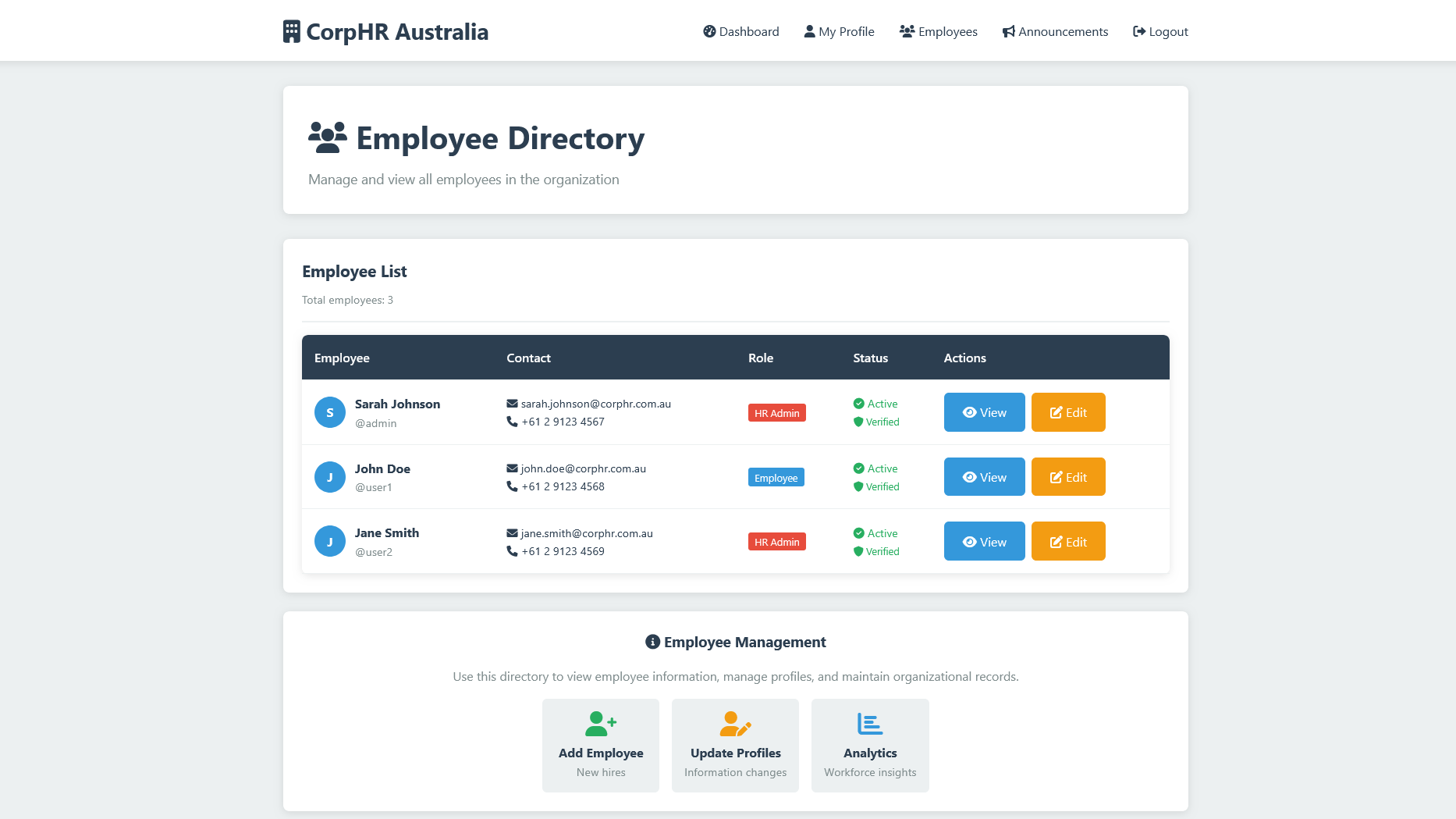 Image of a demo website administrator employees panel