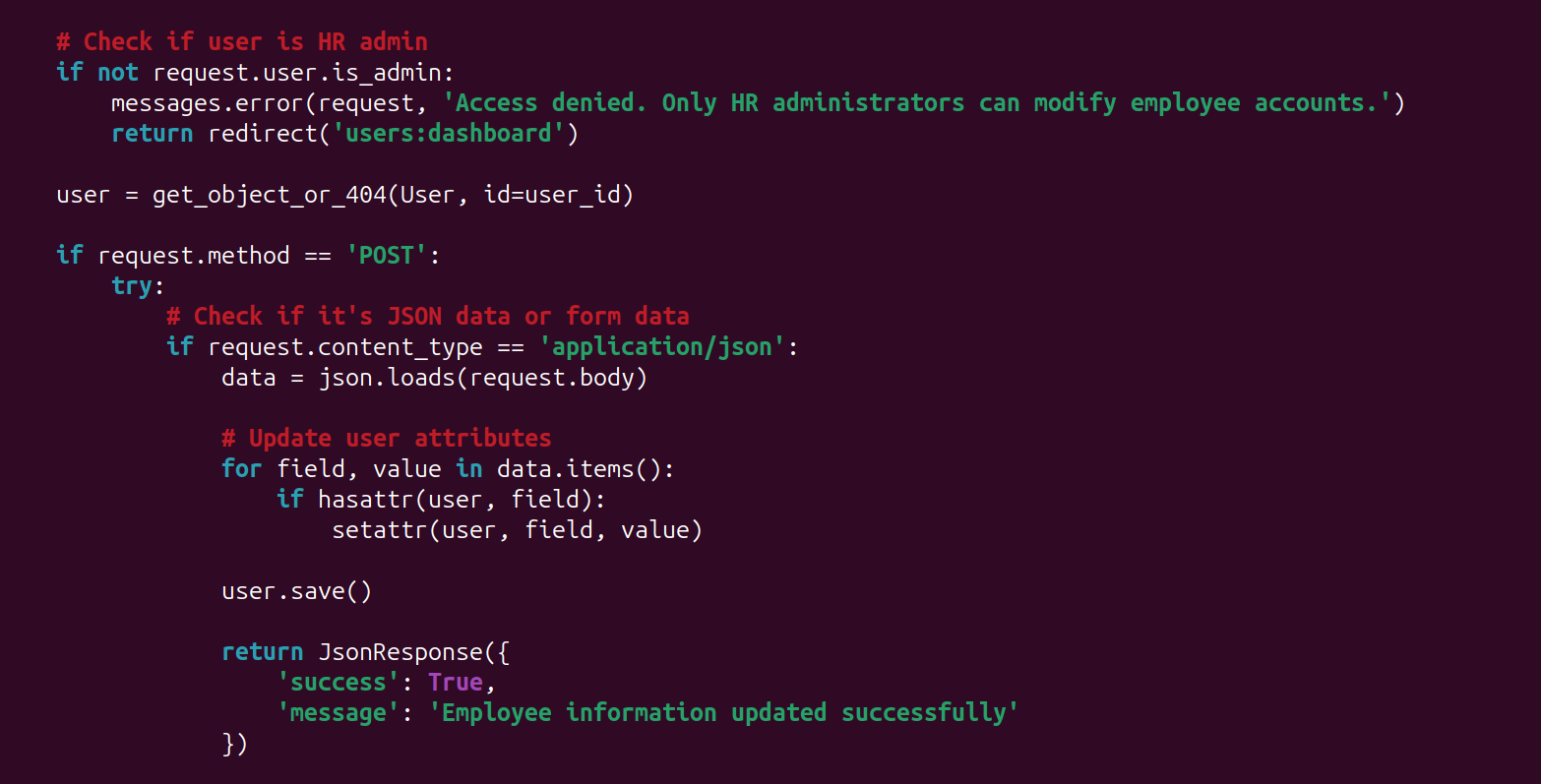 Image of a demo website code with a vulnearbility to mass assign the administrator role
