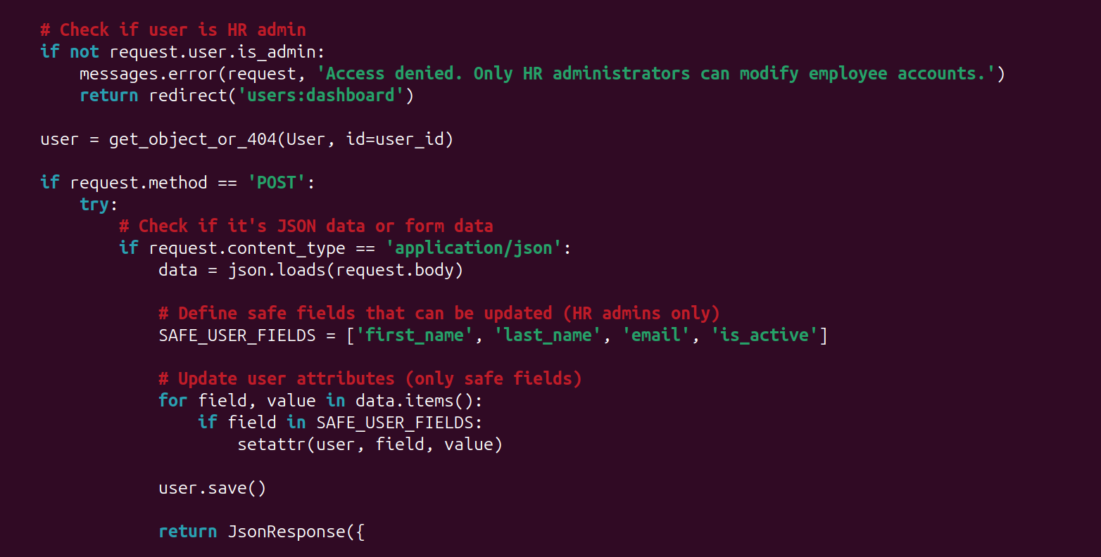 Image of a demo website code with a list of safe user fields fixing the vulnerability