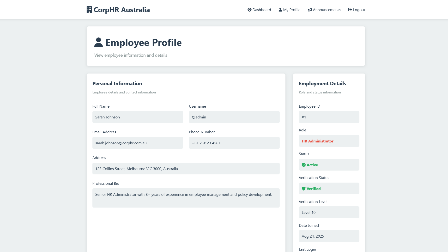 Image of a demo website profile page for user 1
