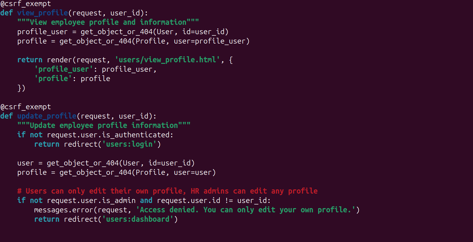 Image of the vulnerable code which allowed the user to access a profile page that they were not authorised to see