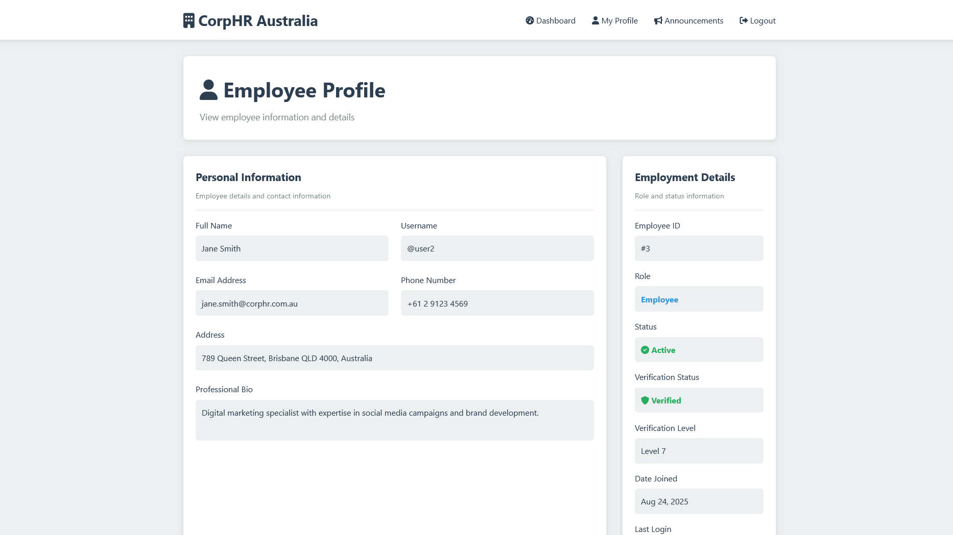 Demo website employee profile page