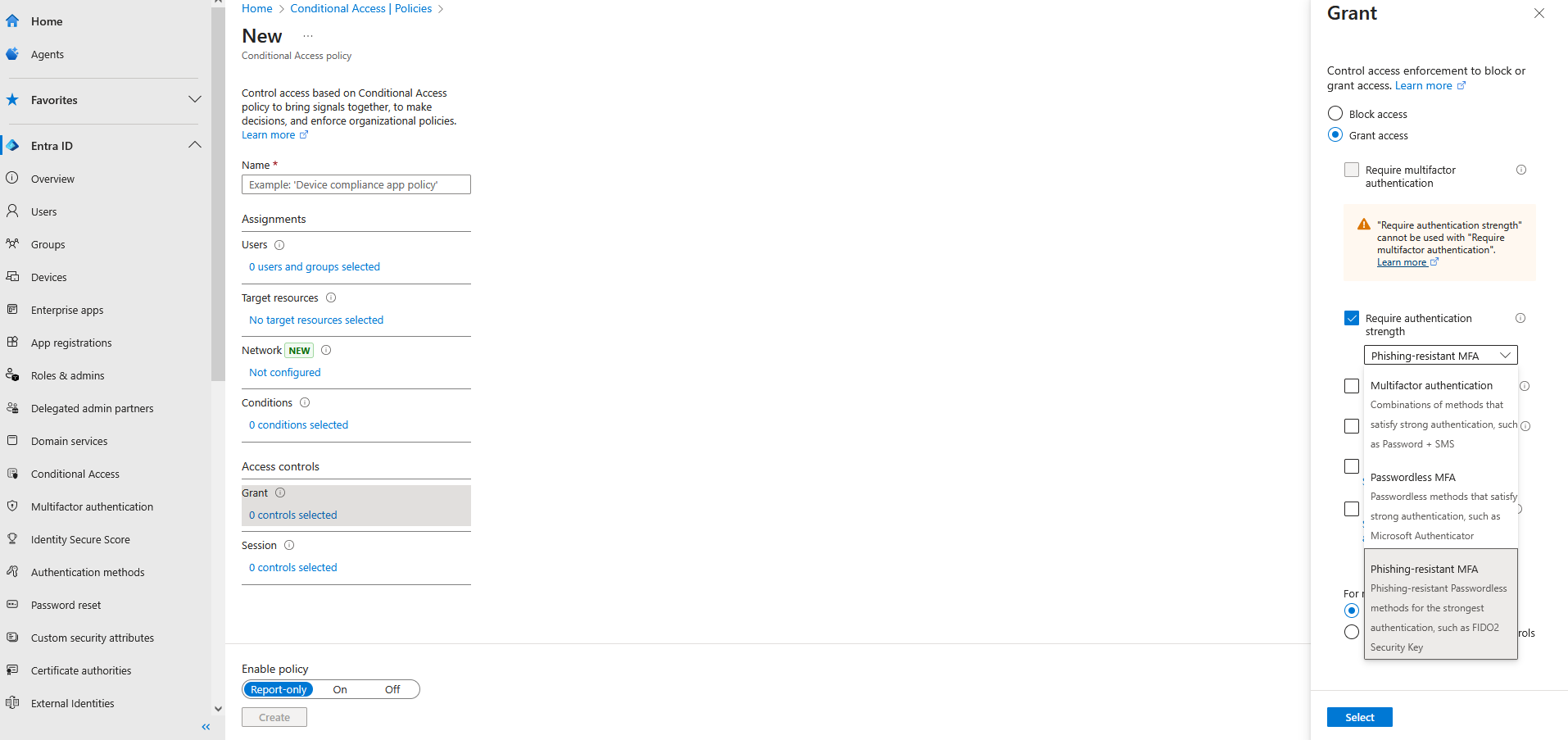 Phishing resistant MFA conditional access example