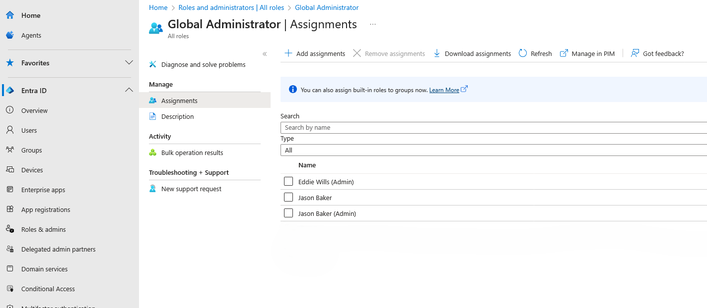 Example of standard user accounts with global adminstrator rights