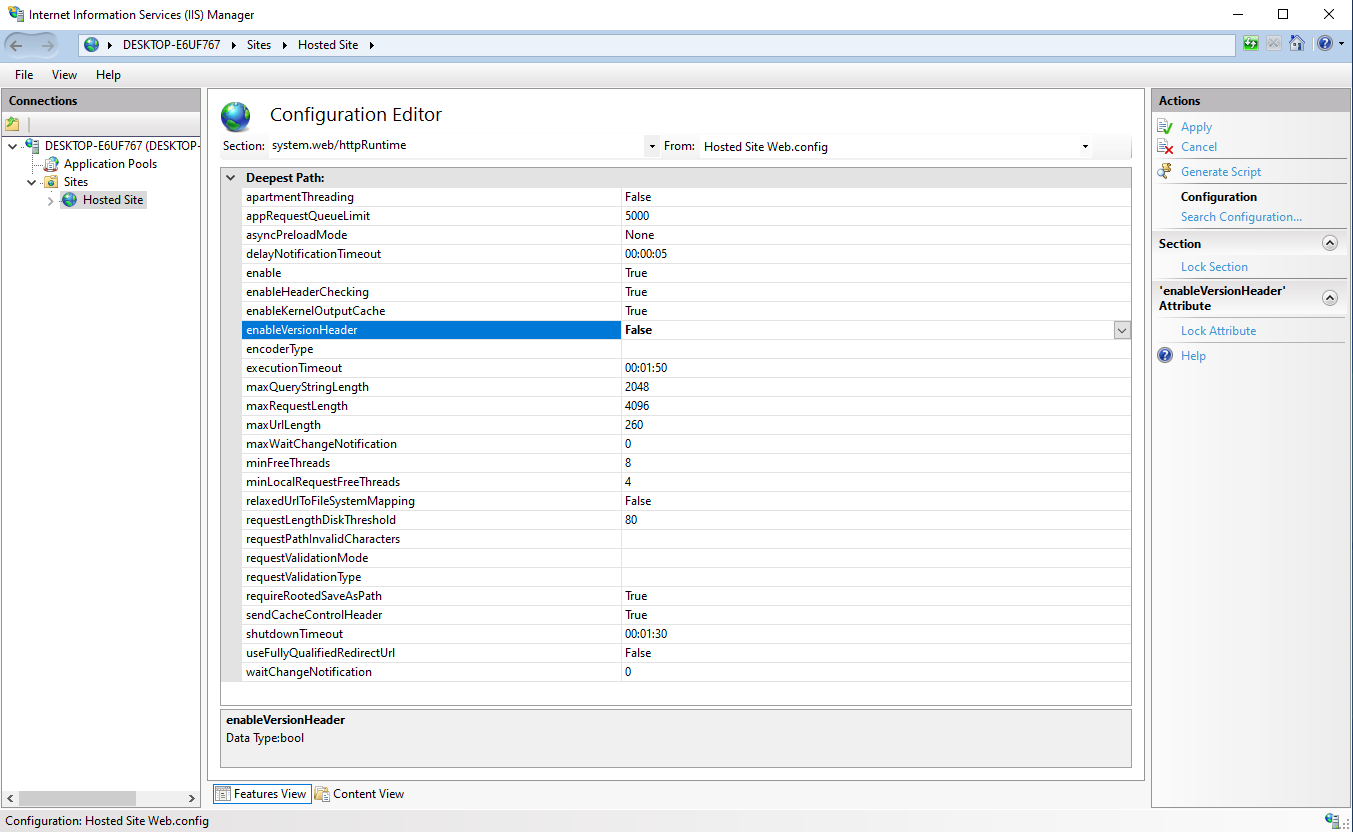Image of a IIS manager showing the appSettings enableVersionHeader settings updated