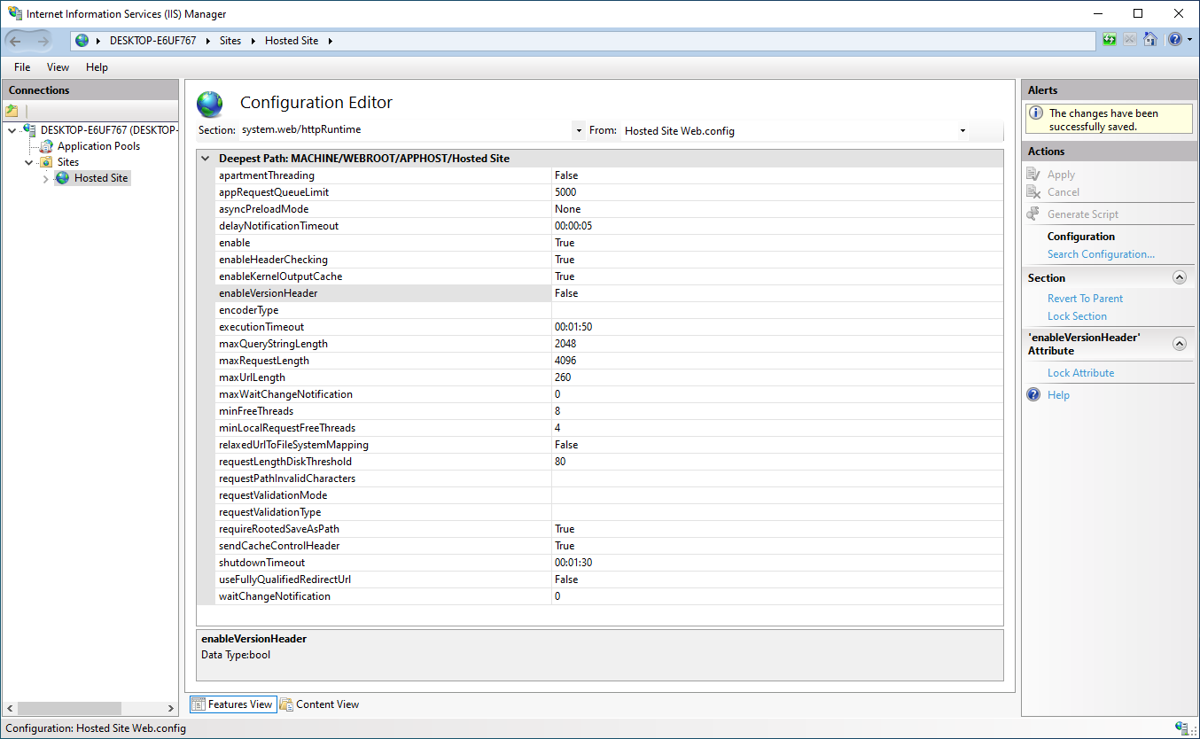 Image of a IIS manager showing the Apply button and the message 'The changes have been successfully saved.'