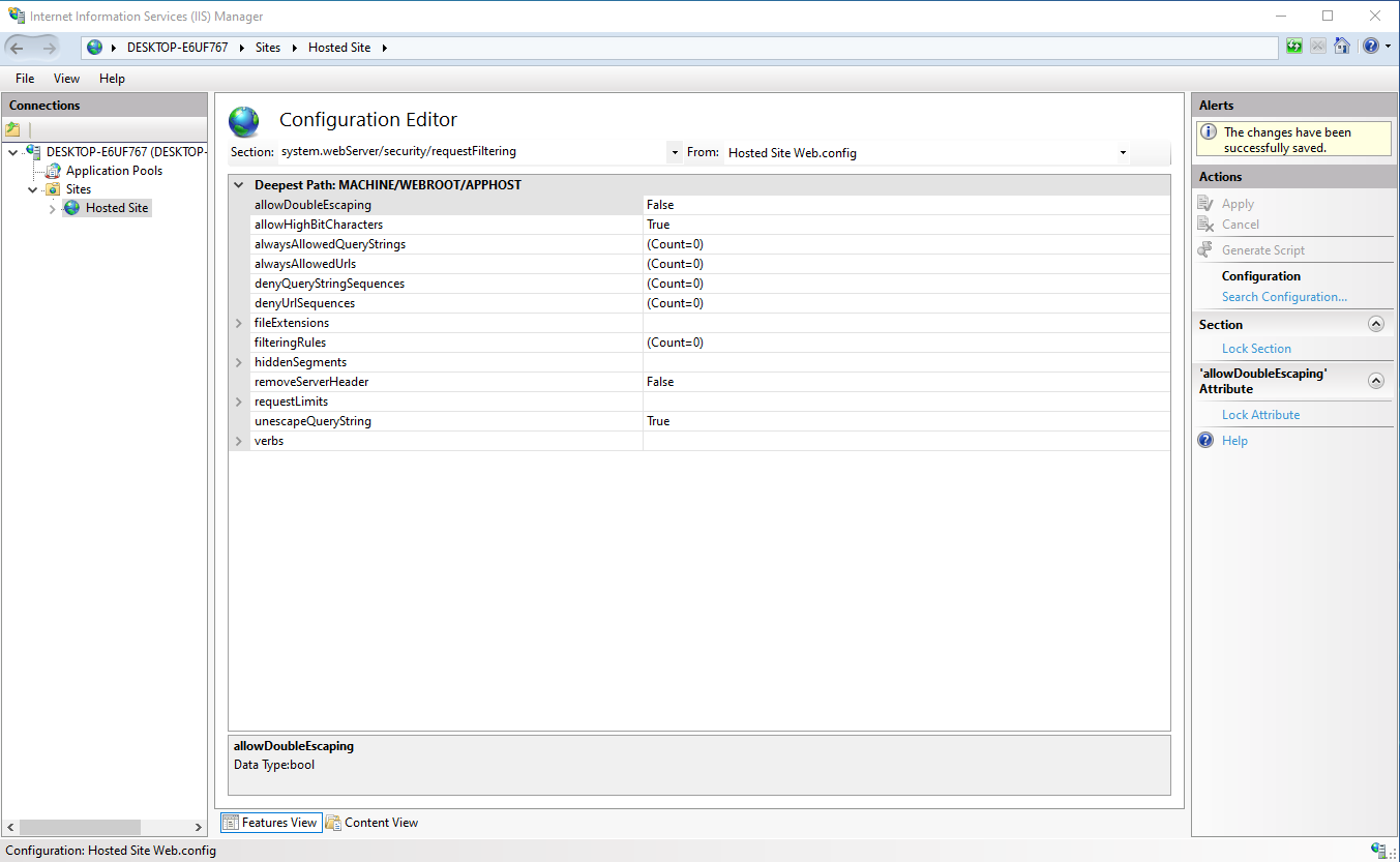 Image of a IIS manager showing the requestFiltering menu