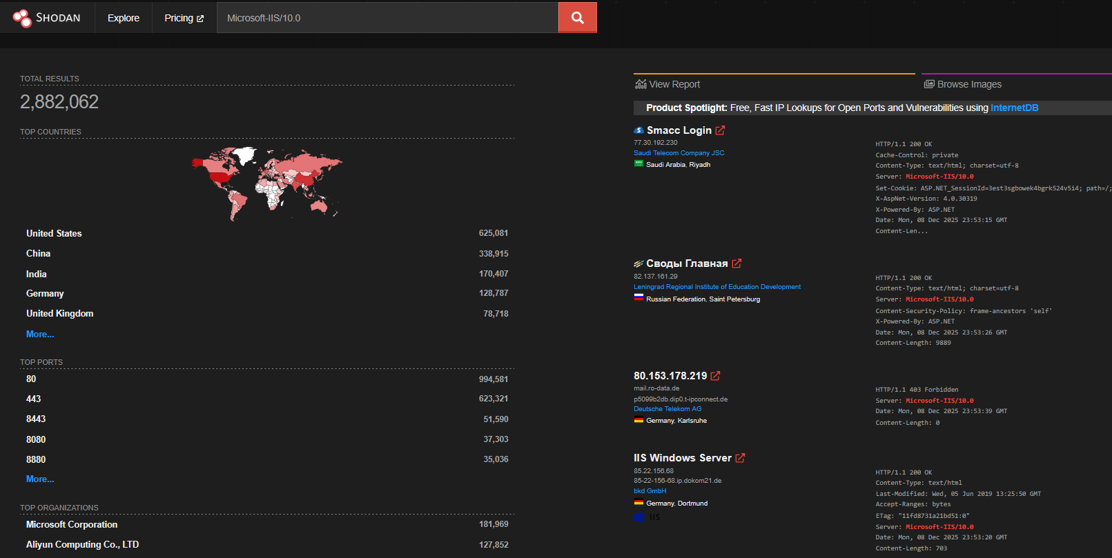 Image of a Shodan search showing IIS version 10.0