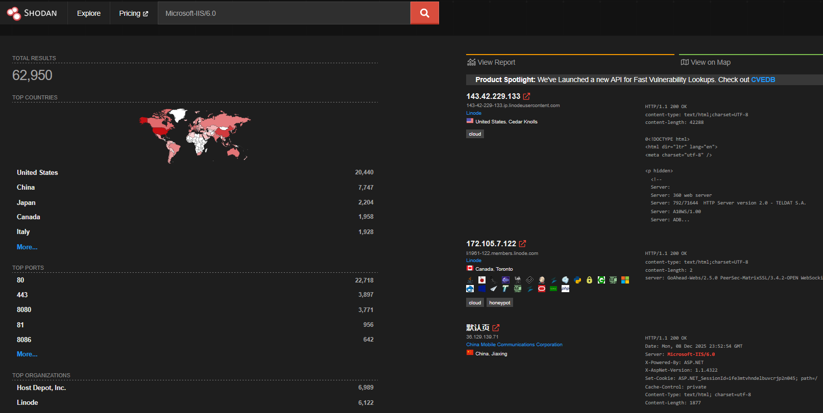 Image of a Shodan search showing IIS version 6.0