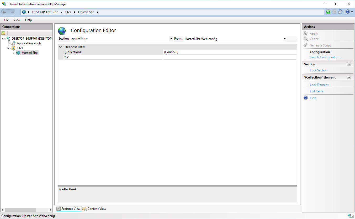 Image of a IIS manager showing the website settings