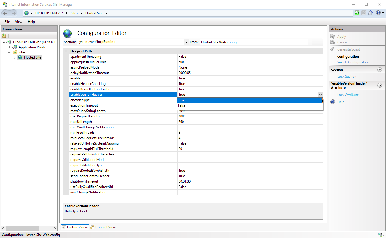 Image of a IIS manager setting the appSettings enableVersionHeader settings to False
