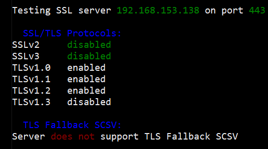 Image of a SSL scan showing TLSv1.0 and v1.1 enabled