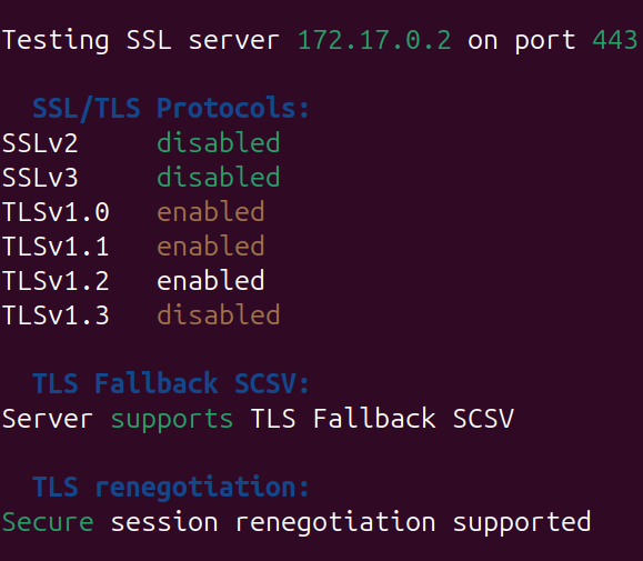 Image of a SSL scan showing TLSv1.0 and v1.1 enabled