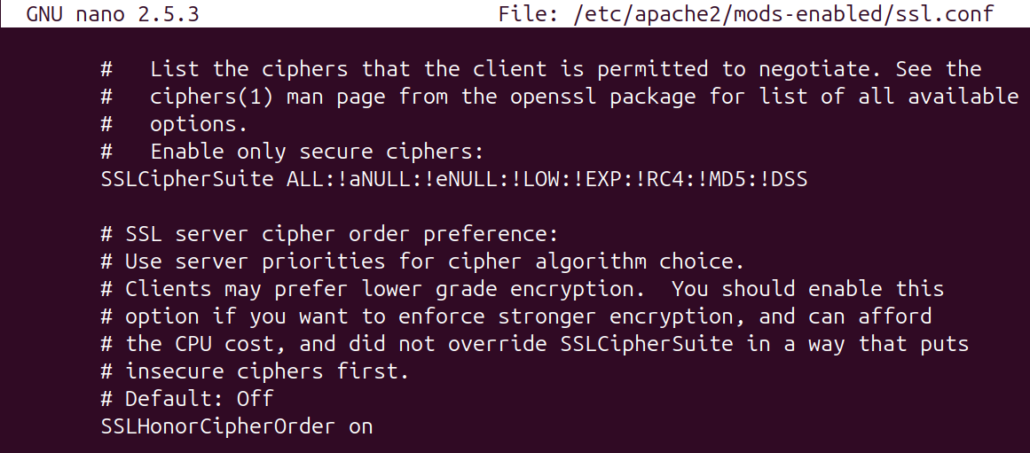 Image of a configuration file showing all ciphers are initially allowed and a denylist is used to remove unsafe ciphers