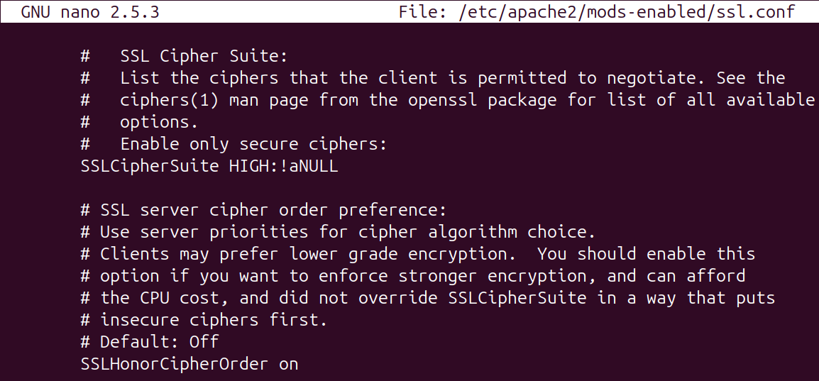 Image of a configuration file showing the SSLCipherSuite variable being updated