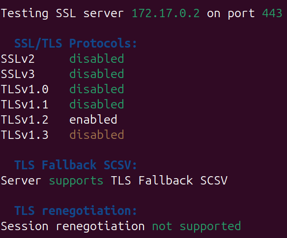 Image of a SSL scan showing the deprecated TLS protocols are no longer enabled