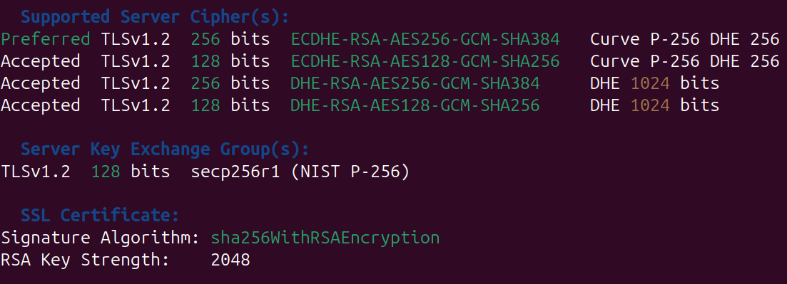 Image of a SSL scan showing the new list of cipher suites