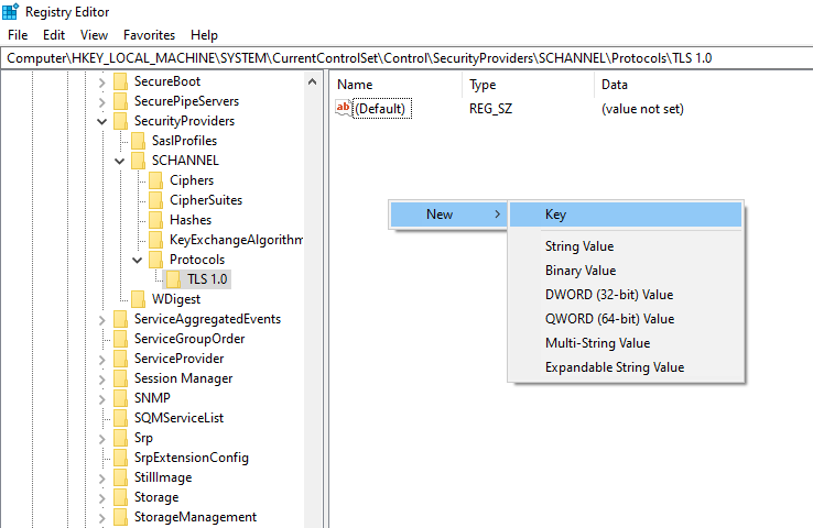 Image of a registry editor showing the TLS 1.0 key with Client and Server subkeys