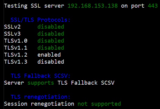 Image of a SSL scan showing the old versions of TLS are no longer enabled