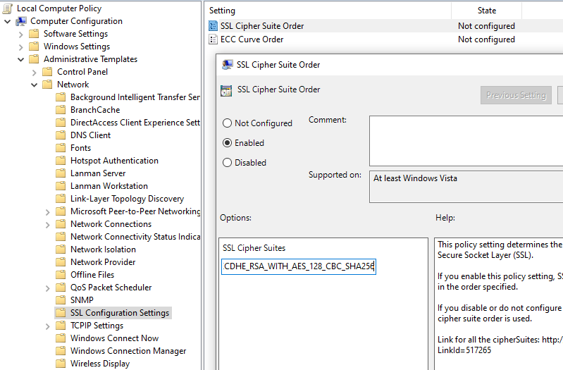 Image of a group policy editor showing the SSL Cipher Suite Order setting