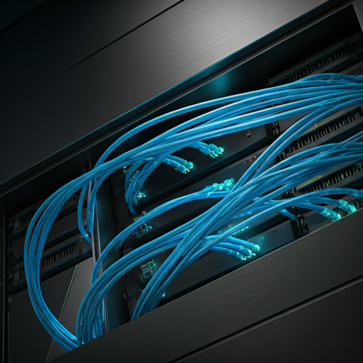 High-end server room with glowing blue fiber optic cables and brushed steel surfaces, suggesting high security and modern technology