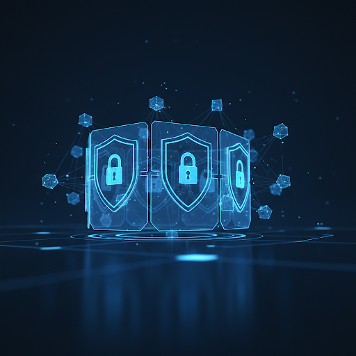 A futuristic digital illustration of glowing shield icons, arranged side by side to represent cybersecurity protection.