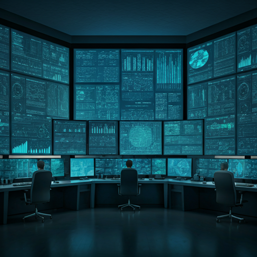High-tech cybersecurity command center with multiple glowing monitors showing global threat maps and complex data visualisations in a dark blue environment