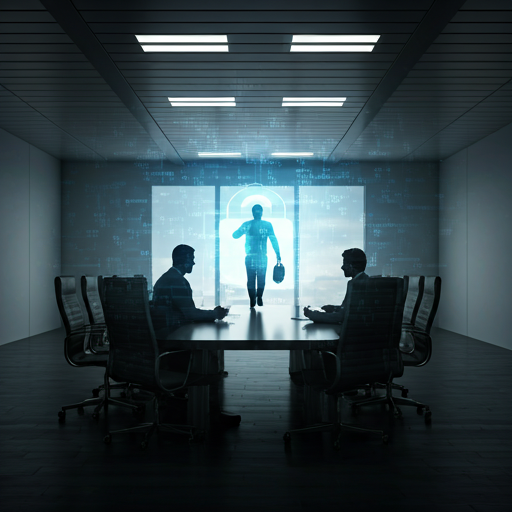 Professional boardroom setting with executive leadership silhouettes, corporate security theme